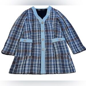Zara Multicolor Tweed Dress Coat with Blue Accents Size Small
